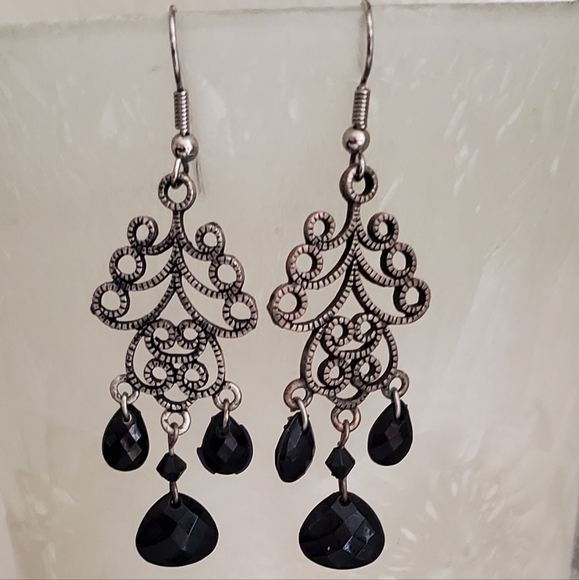 Fancy Scroll, chandelier dangle, black faceted acrylic crystals earrings. - Picture 1 of 5